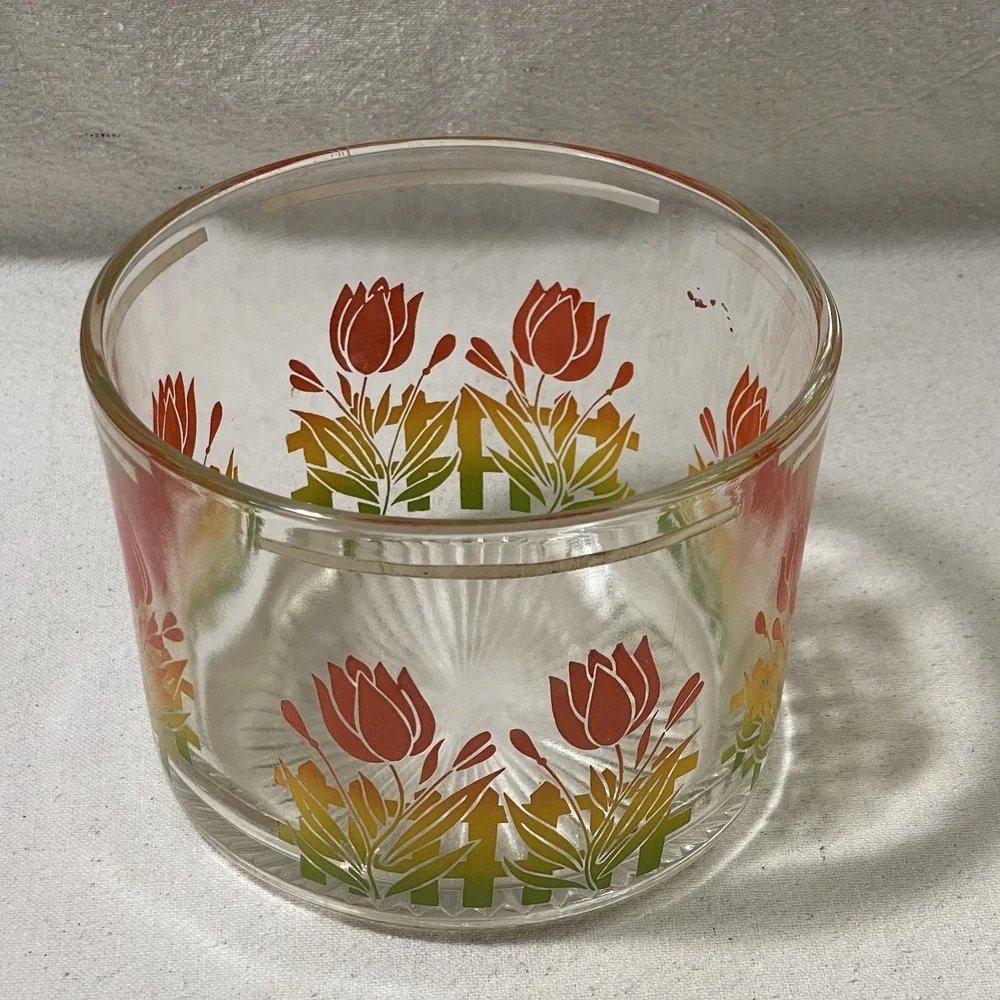 VTG‎ MCM Retro Glass Barware Ice Bucket Bowl Orange Red Yellow Tulip Flower RARE